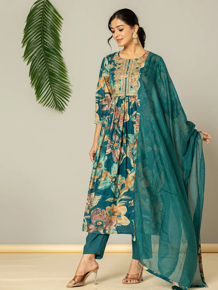 Teal Floral Print Mulmul Fit And Flare Suit Set
