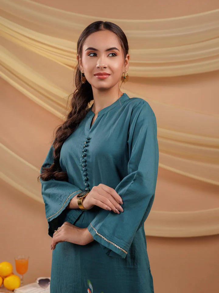 Teal Hand Floral Print Cotton Straight Kurta