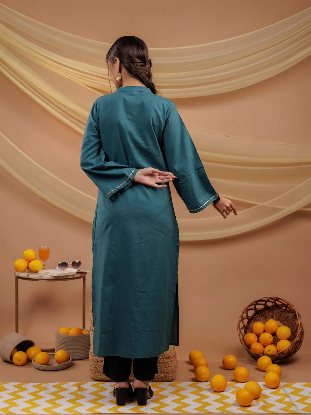 Teal Hand Floral Print Cotton Straight Kurta