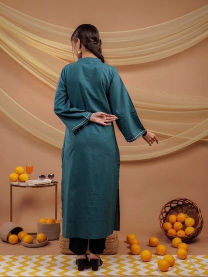 Teal Blue Hand Floral Print Cotton Straight Kurta