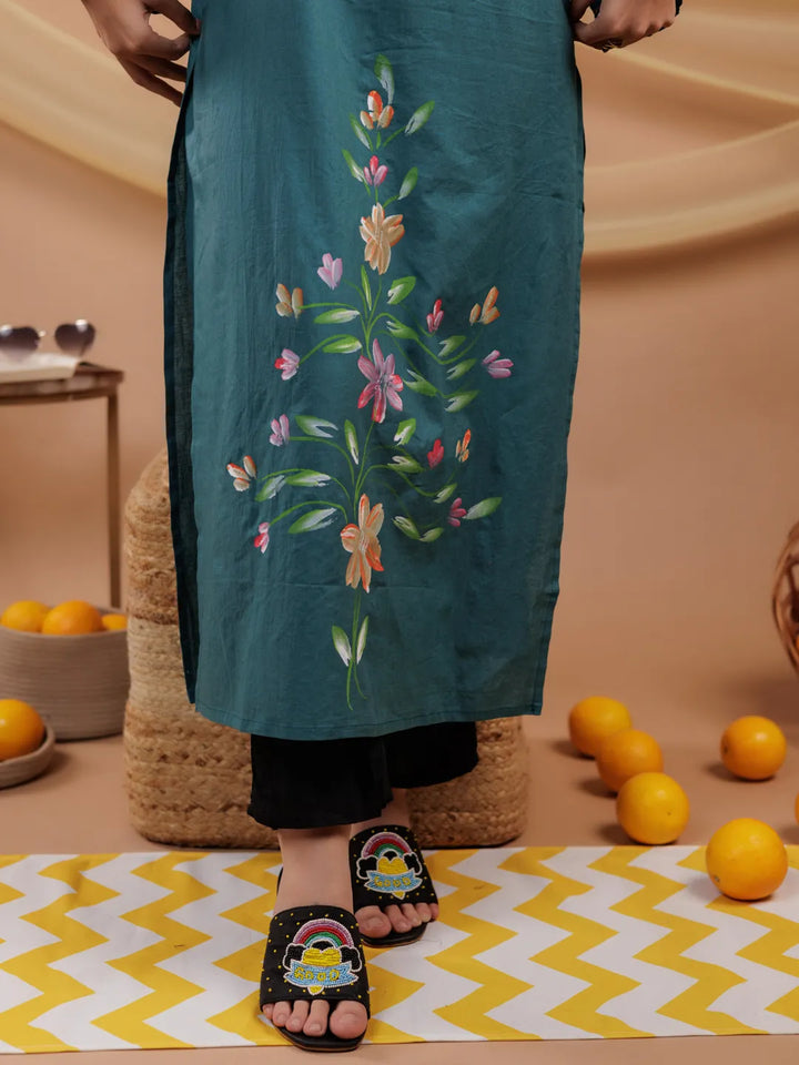 Teal Hand Floral Print Cotton Straight Kurta