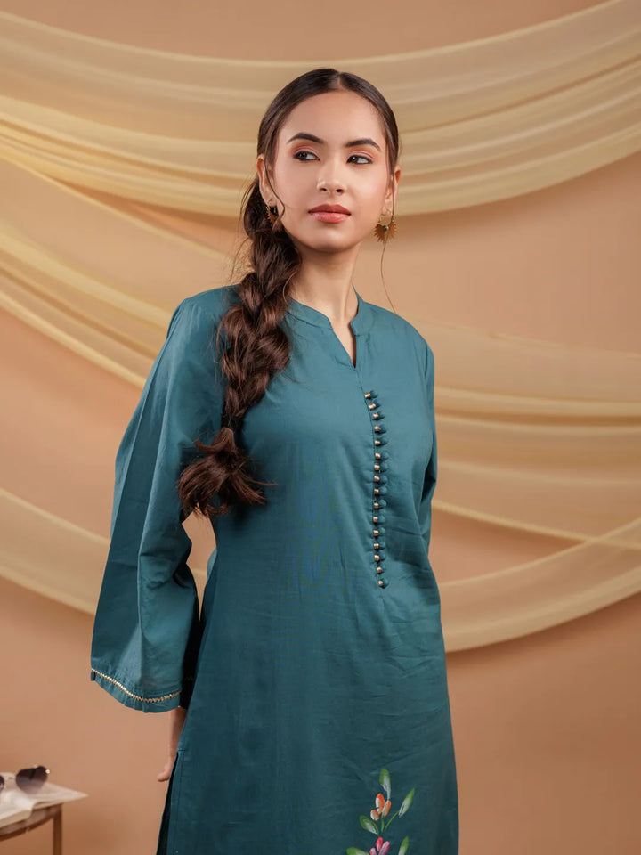 Teal Hand Floral Print Cotton Straight Kurta
