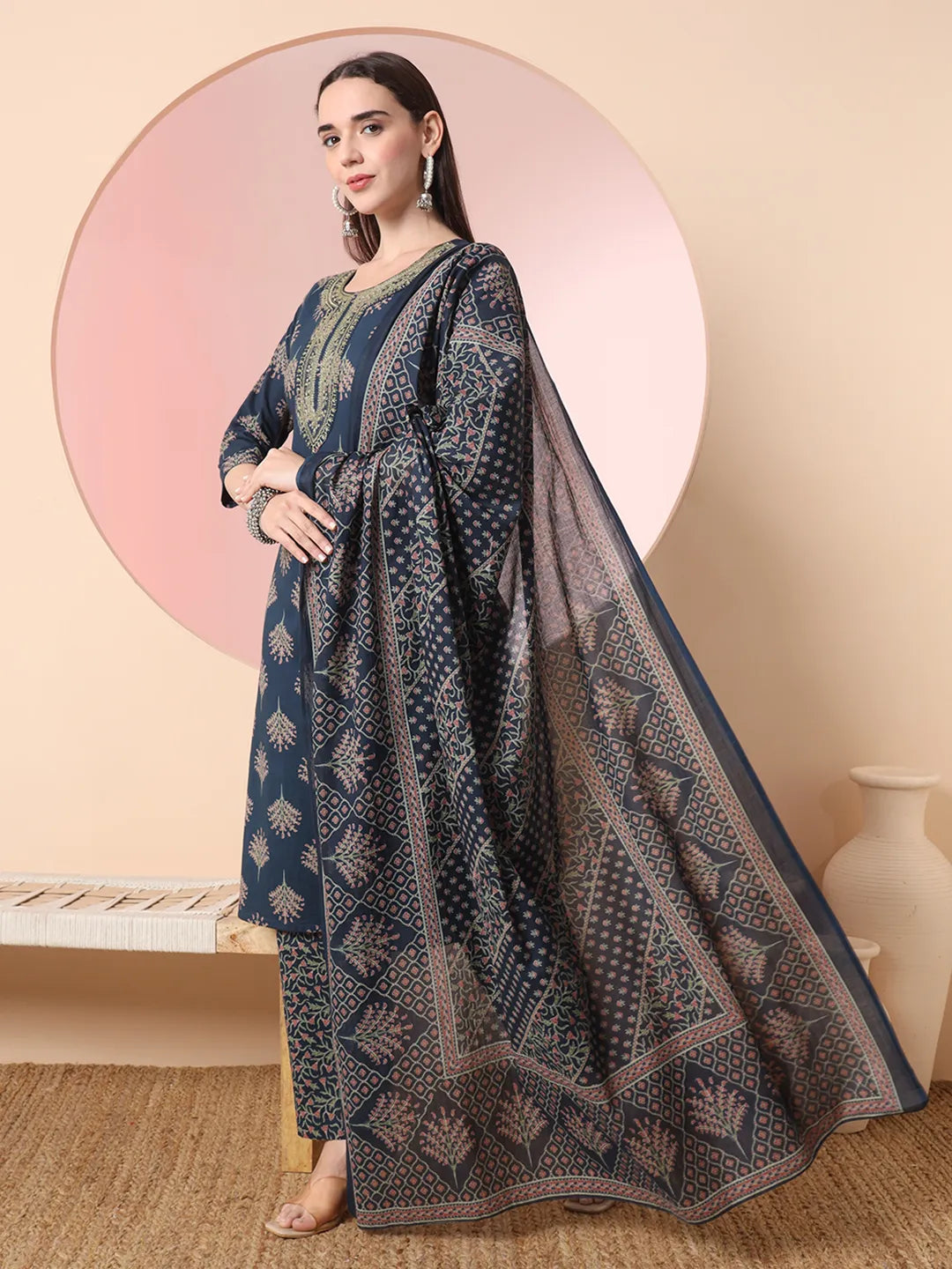 Teal Pure Cotton Chikankari Straight Kurta Dupatta Pant Set