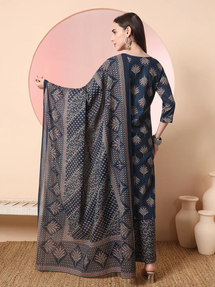 Teal Pure Cotton Chikankari Straight Kurta Dupatta Pant Set