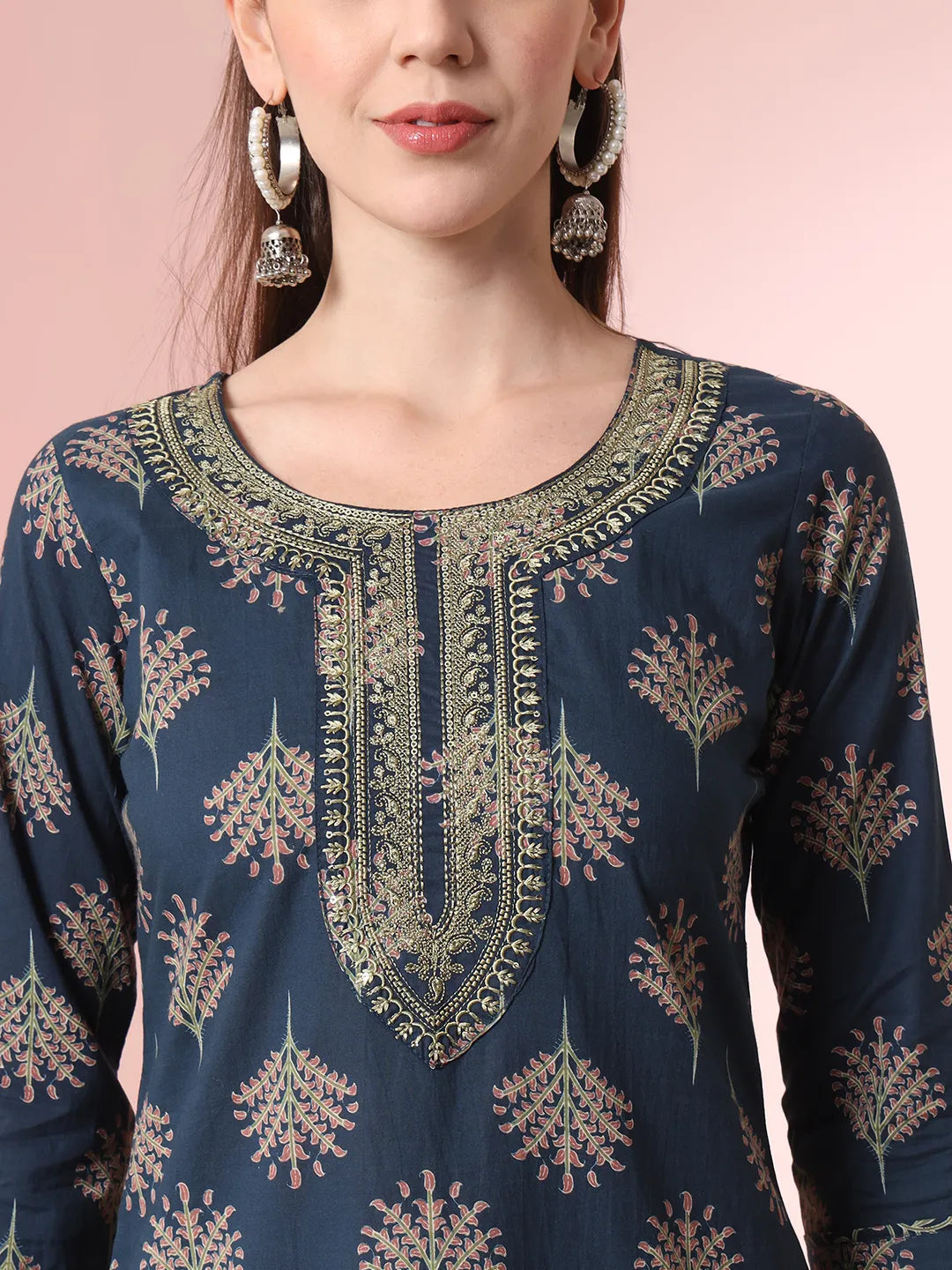 Teal Pure Cotton Chikankari Straight Kurta Dupatta Pant Set