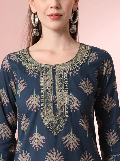 Teal Pure Cotton Chikankari Straight Kurta Dupatta Pant Set