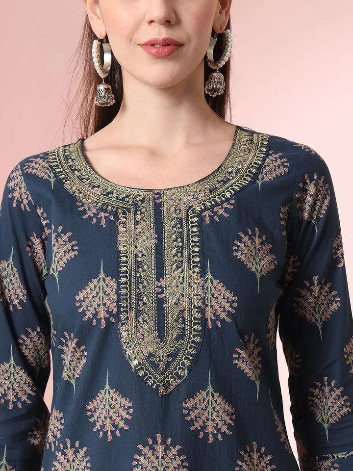 Teal Pure Cotton Chikankari Straight Kurta Dupatta Pant Set