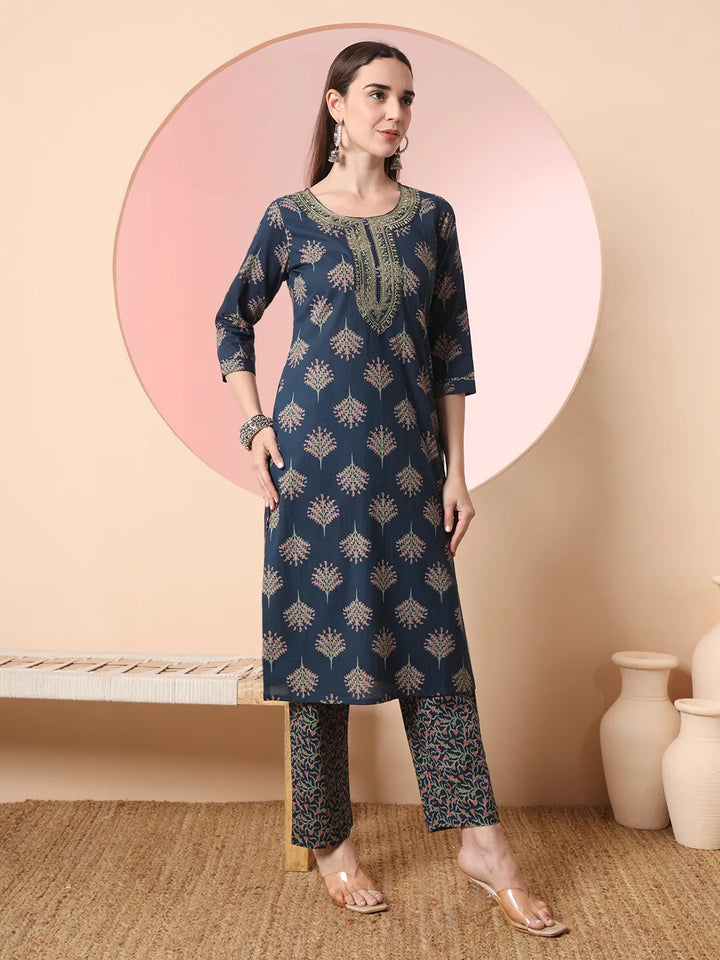 Teal Pure Cotton Chikankari Straight Kurta Dupatta Pant Set