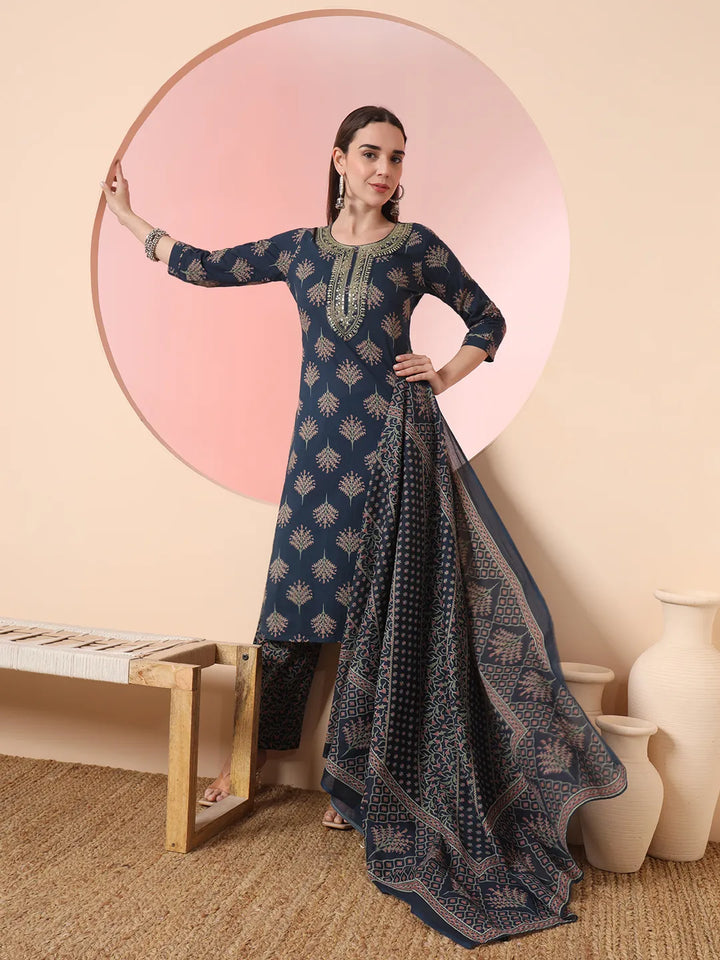 Teal Pure Cotton Chikankari Straight Kurta Dupatta Pant Set