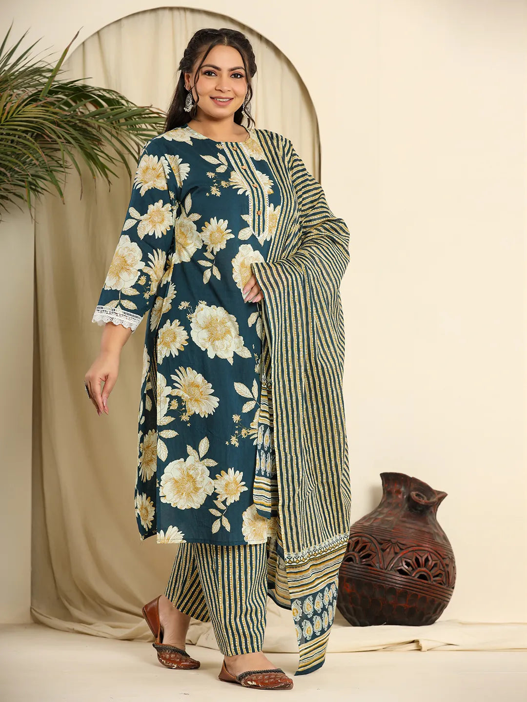 Teal Pure Cotton Kurta Dupatta Pant Set With Handwork