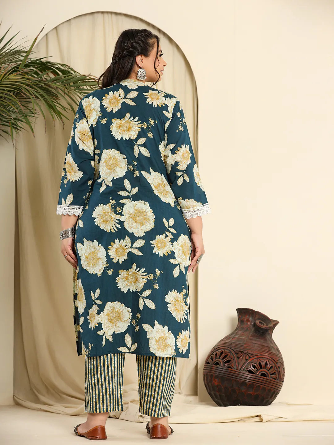 Teal Pure Cotton Kurta Dupatta Pant Set With Handwork