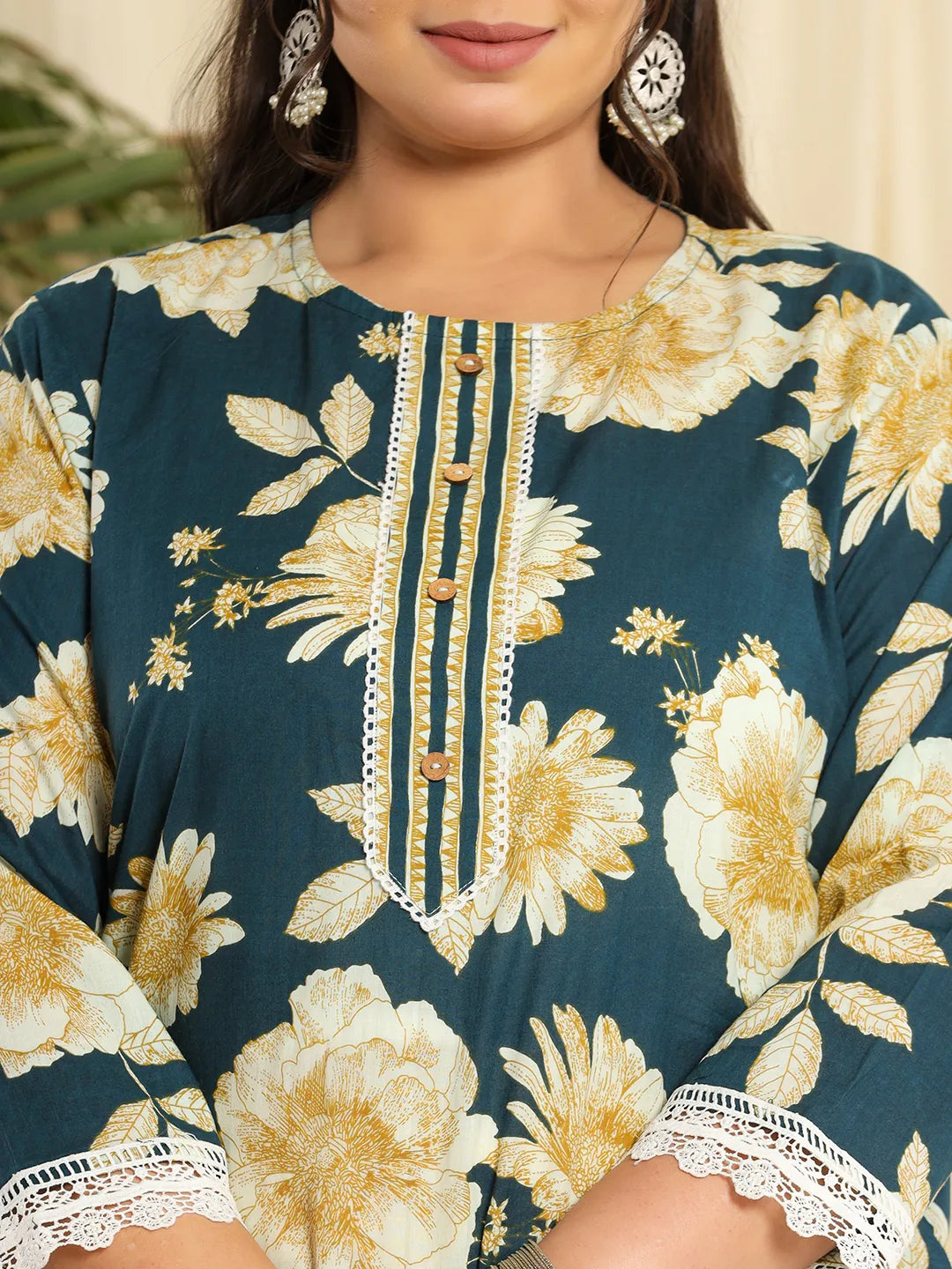 Teal Pure Cotton Kurta Dupatta Pant Set With Handwork