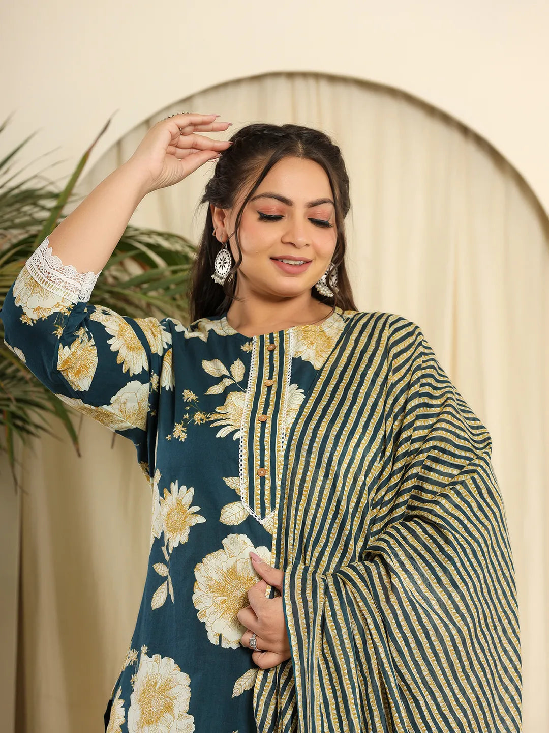 Teal Pure Cotton Kurta Dupatta Pant Set With Handwork