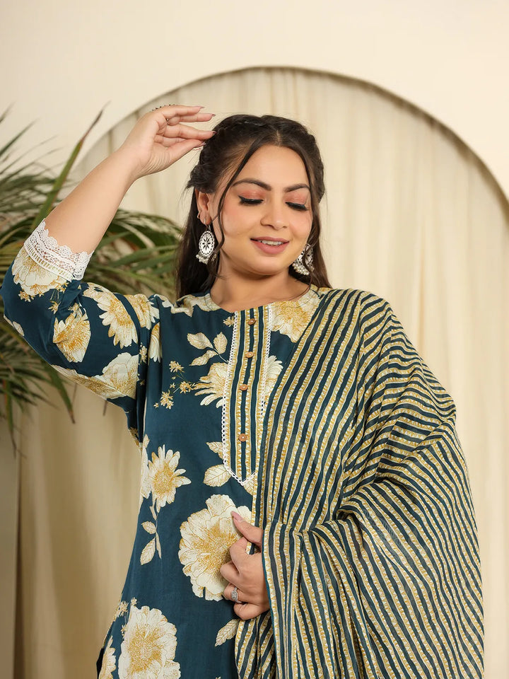 Teal Pure Cotton Kurta Dupatta Pant Set With Handwork