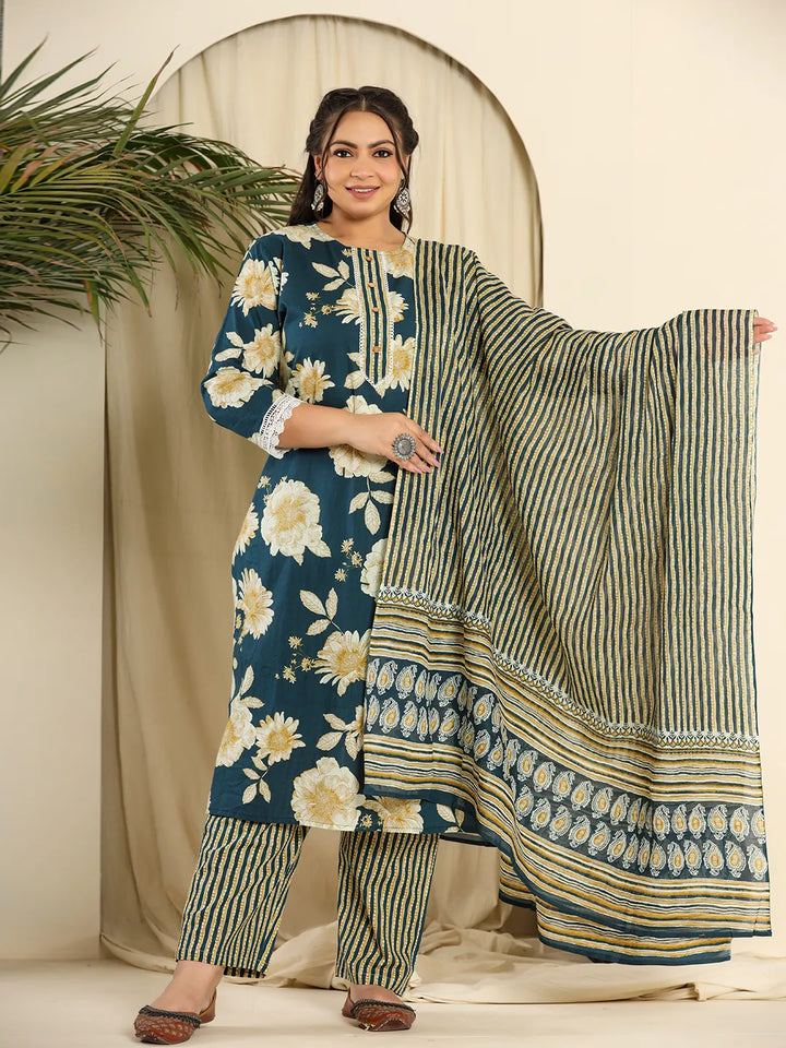 Teal Pure Cotton Kurta Dupatta Pant Set With Handwork