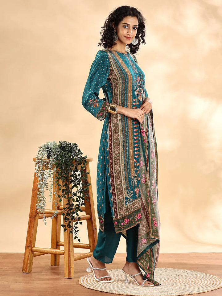 Teal Pure Silk Sequins Work Straight Kurta Dupatta Pant Set
