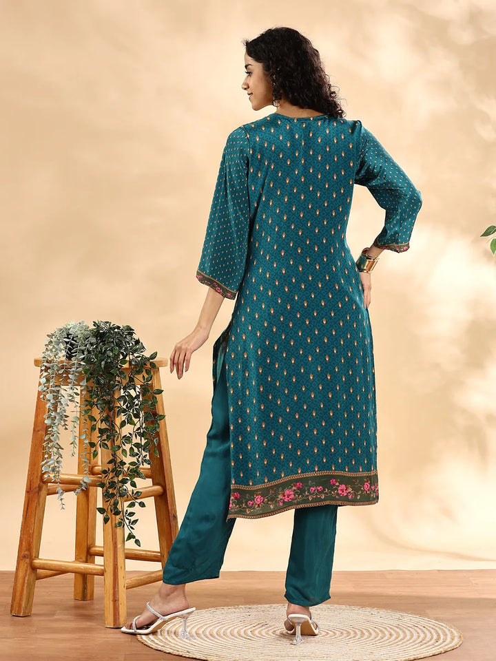 Teal Pure Silk Sequins Work Straight Kurta Dupatta Pant Set