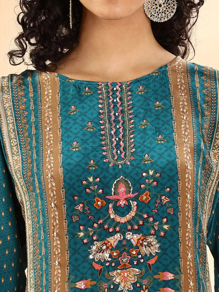 Teal Pure Silk Sequins Work Straight Kurta Dupatta Pant Set