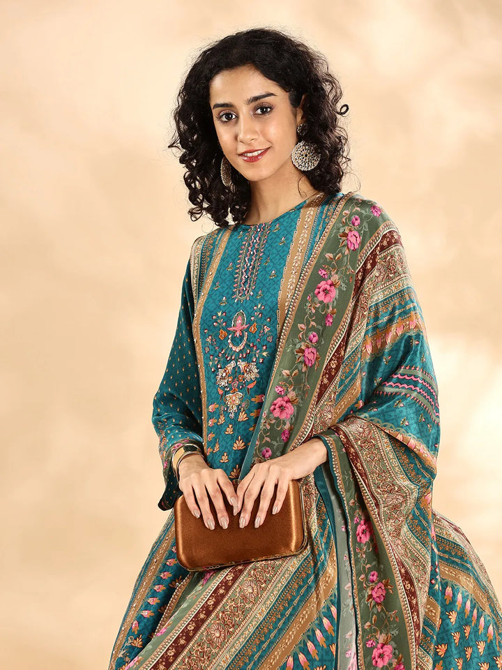Teal Pure Silk Sequins Work Straight Kurta Dupatta Pant Set