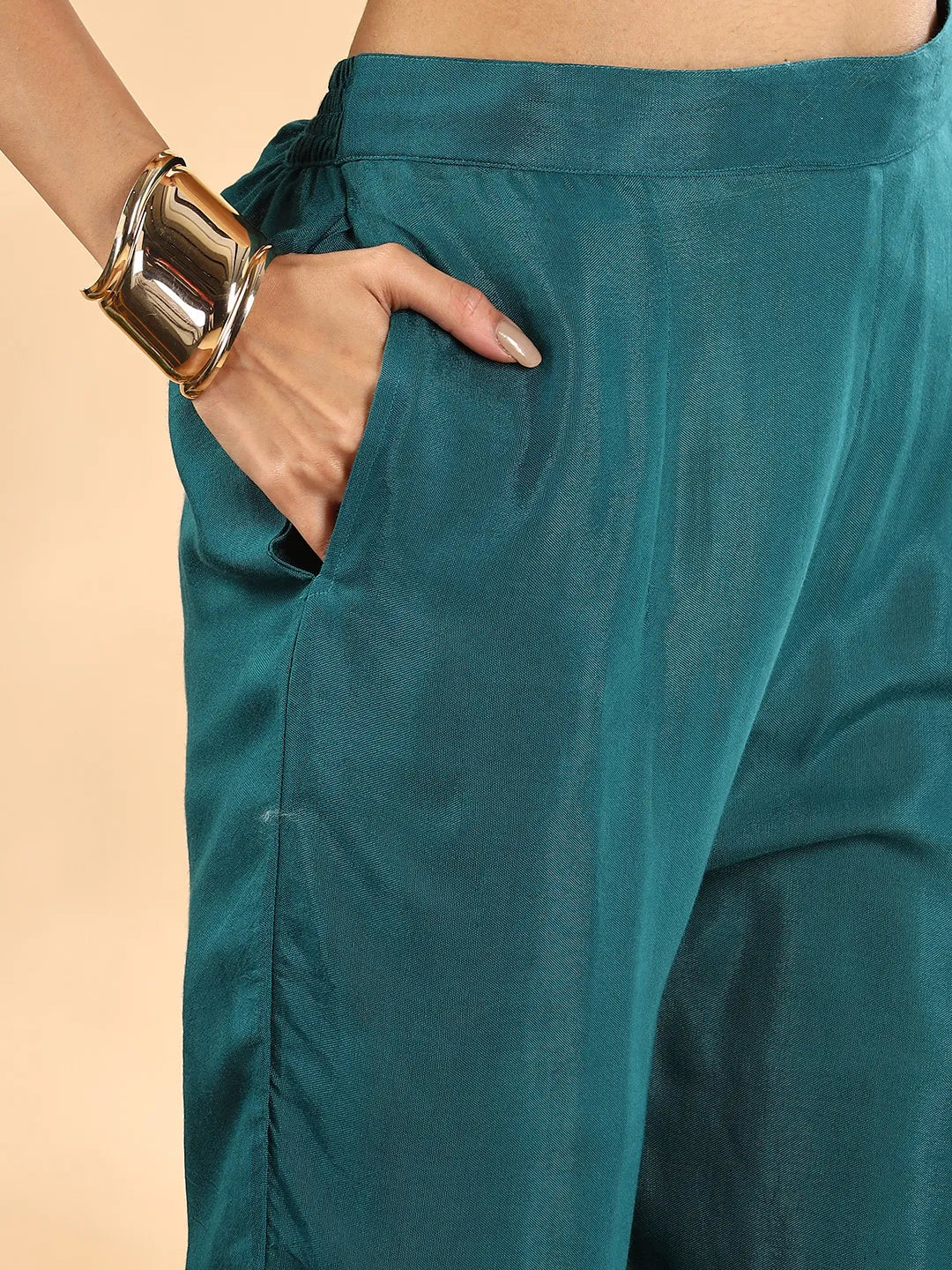Teal Pure Silk Sequins Work Straight Kurta Dupatta Pant Set