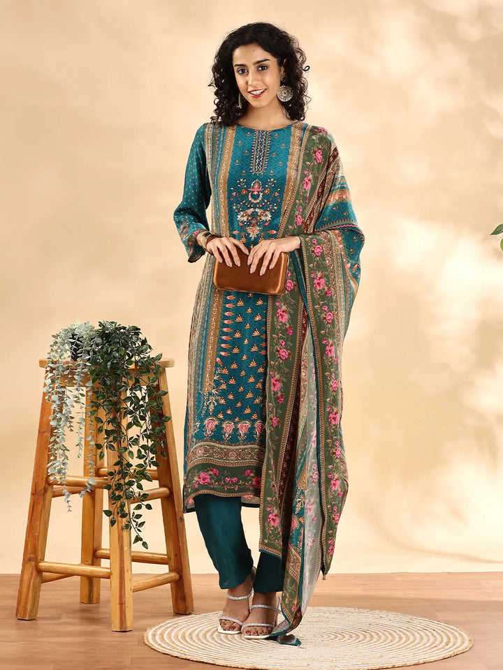 Teal Pure Silk Sequins Work Straight Kurta Dupatta Pant Set