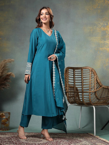 Teal Blue Roman Silk A Line Kurta Trouser Dupatta Set