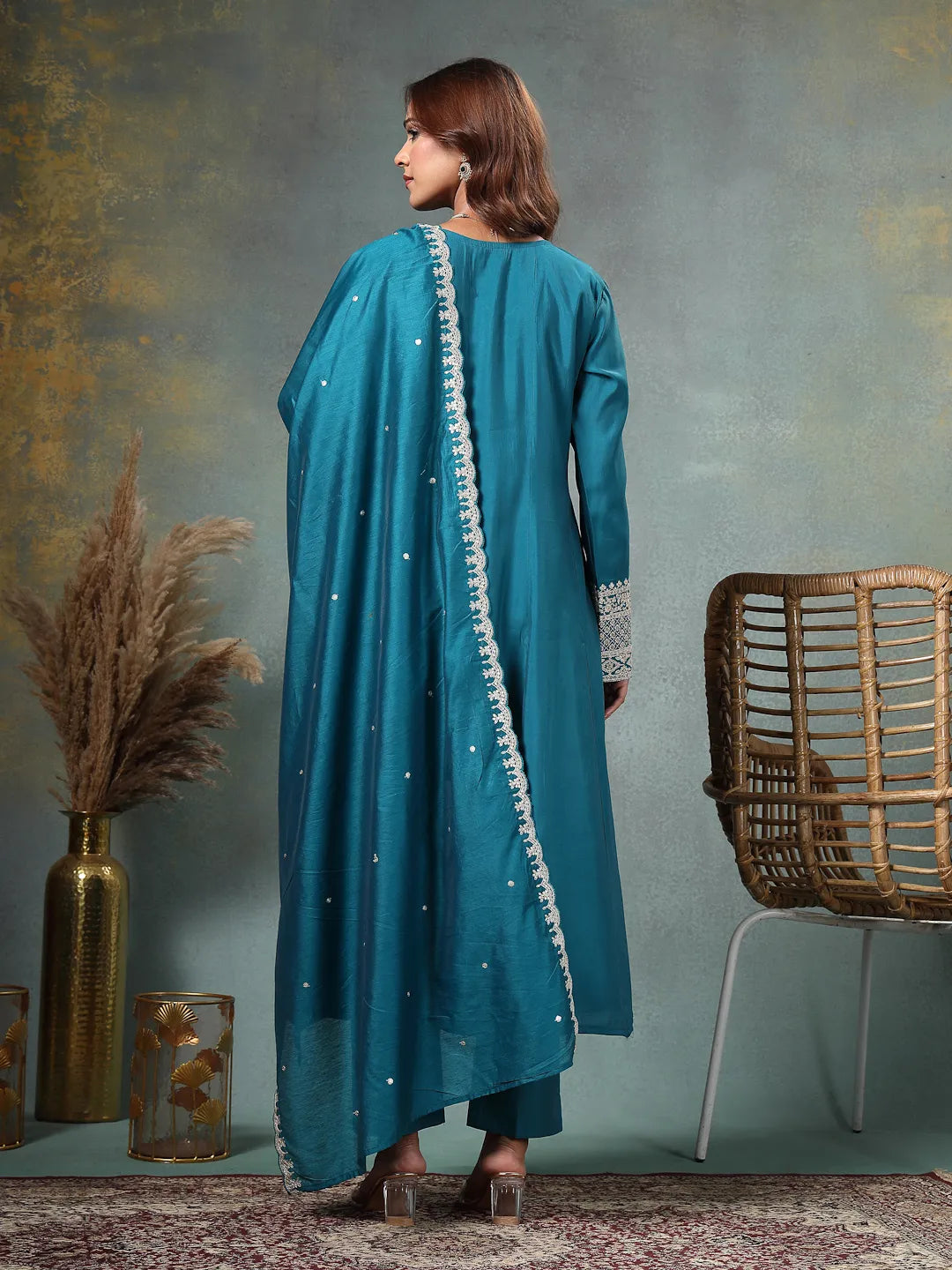 Teal Blue Roman Silk A Line Kurta Trouser Dupatta Set