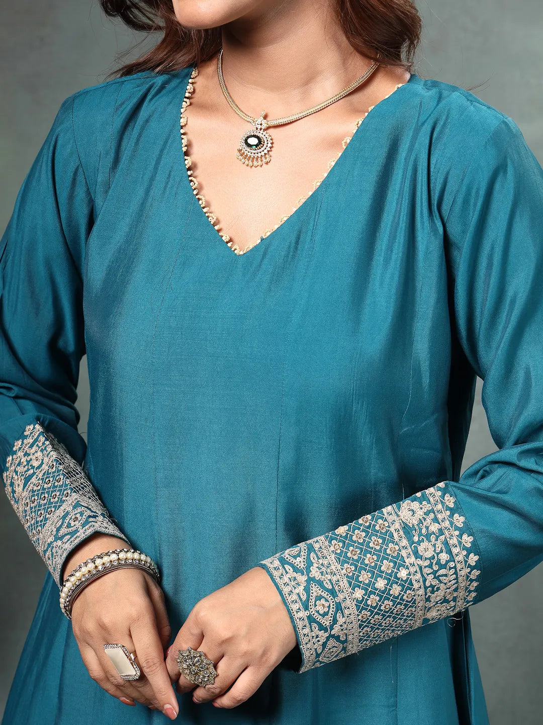 Teal Blue Roman Silk A Line Kurta Trouser Dupatta Set