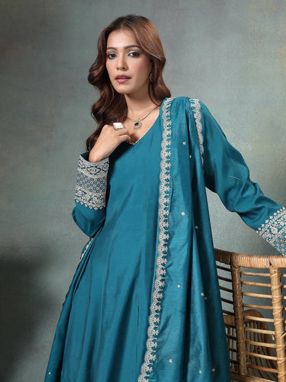 Teal Blue Roman Silk A Line Kurta Trouser Dupatta Set