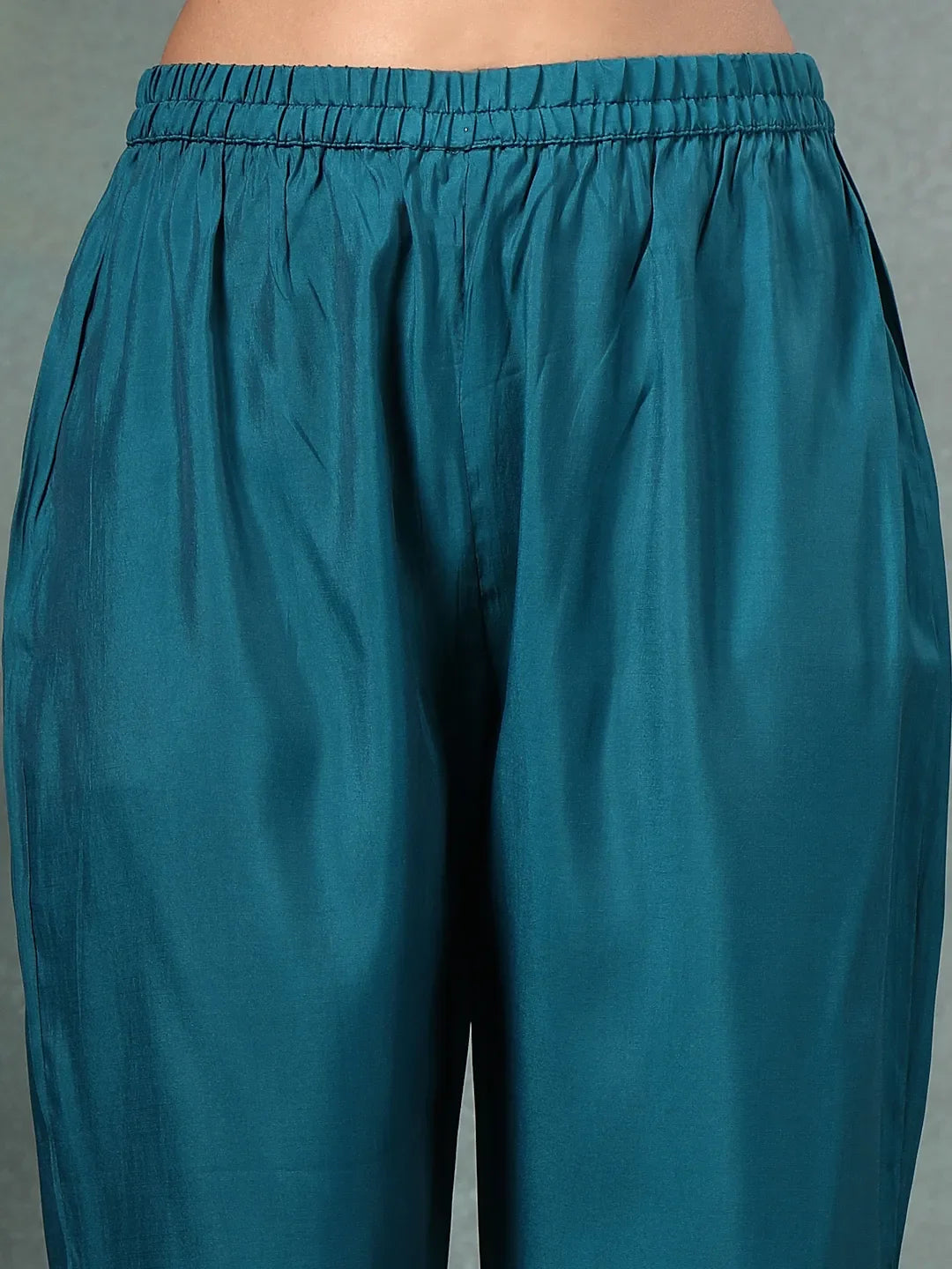 Teal Blue Roman Silk A Line Kurta Trouser Dupatta Set