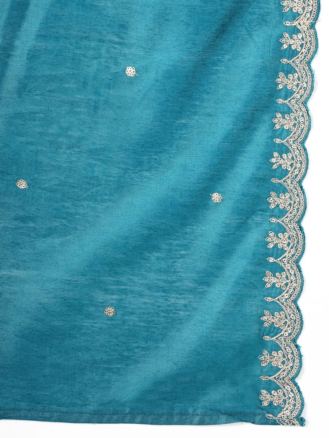 Teal Blue Roman Silk A Line Kurta Trouser Dupatta Set
