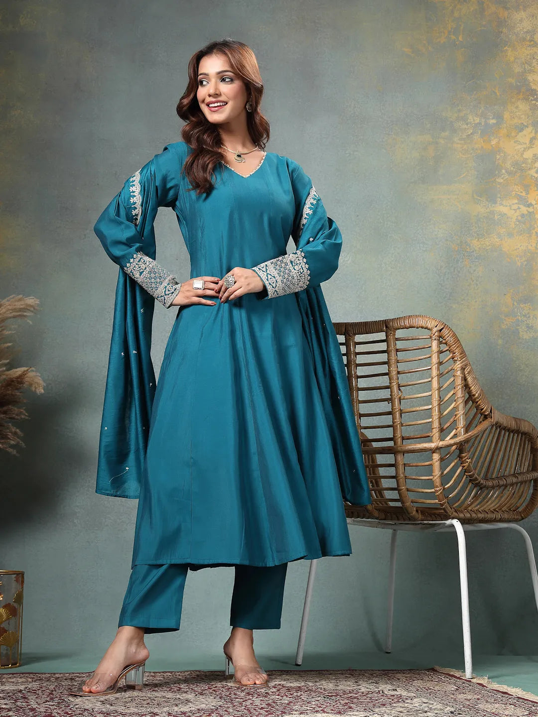 Teal Blue Roman Silk A Line Kurta Trouser Dupatta Set