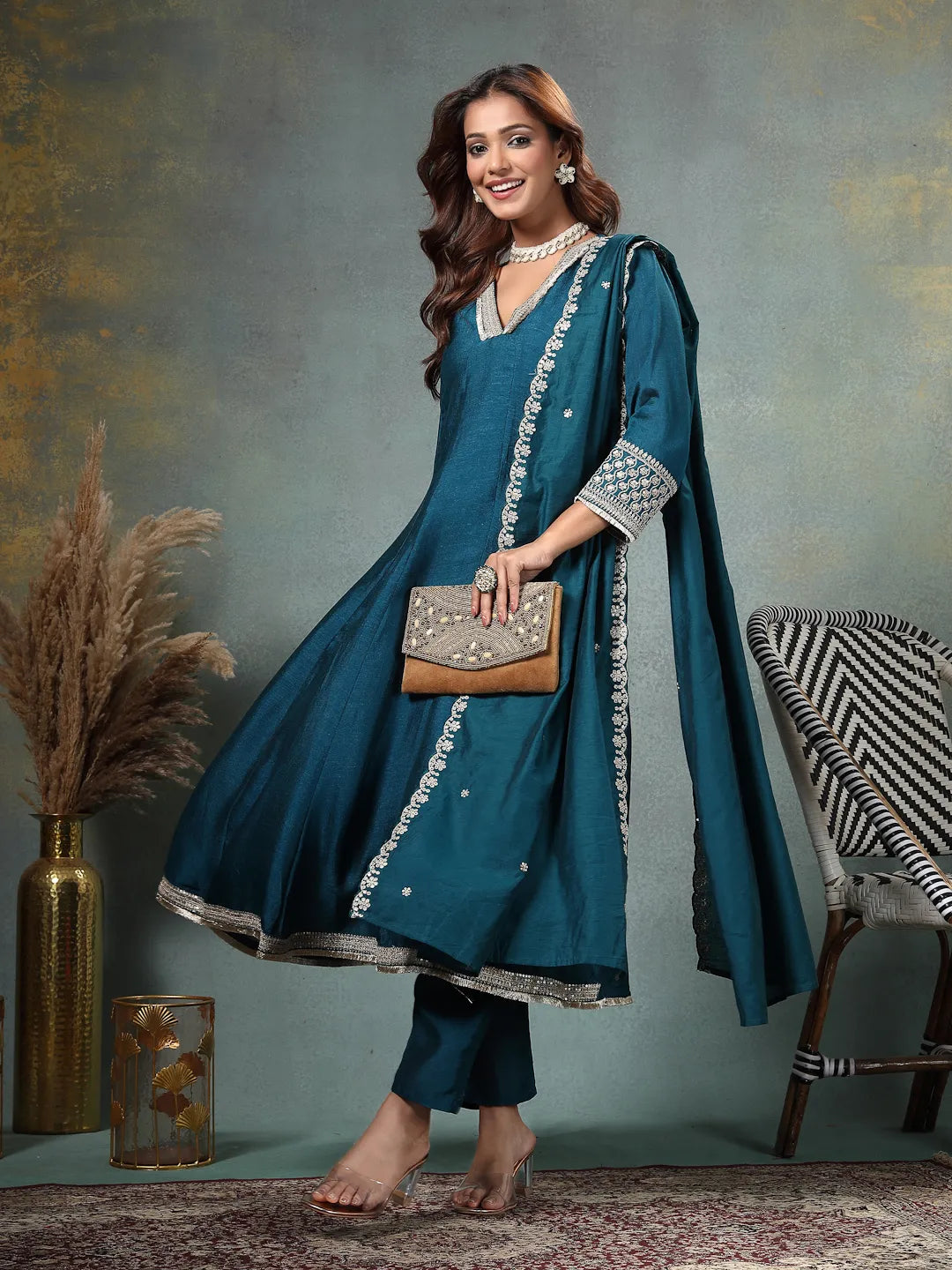 Teal Blue Zari Work Yoke Or Border Anarkali Silk Blend Kurta Trouser Dupatta Set