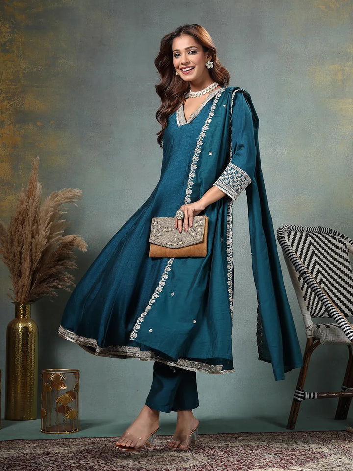 Teal Blue Zari Work Yoke Or Border Anarkali Silk Blend Kurta Trouser Dupatta Set