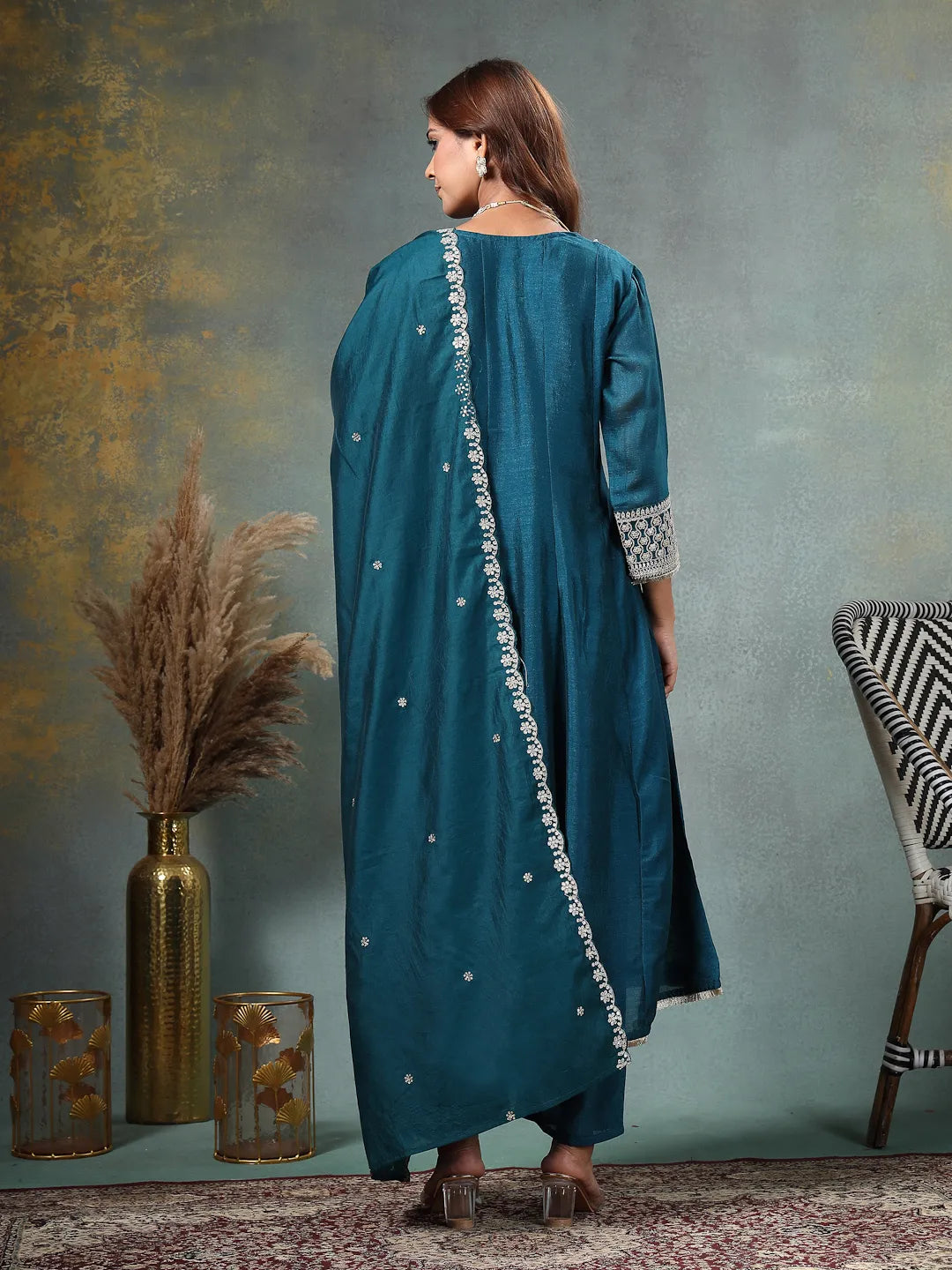 Teal Blue Zari Work Yoke Or Border Anarkali Silk Blend Kurta Trouser Dupatta Set