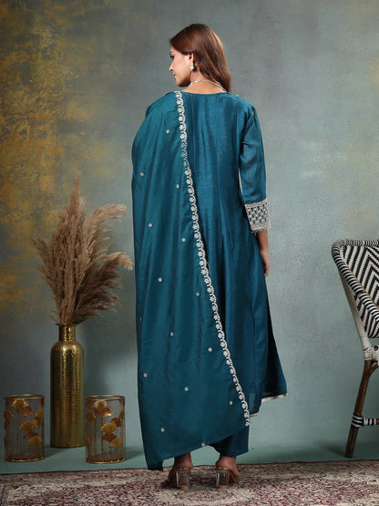 Teal Blue Zari Work Yoke Or Border Anarkali Silk Blend Kurta Trouser Dupatta Set