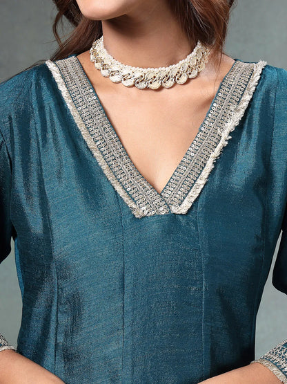 Teal Blue Zari Work Yoke Or Border Anarkali Silk Blend Kurta Trouser Dupatta Set