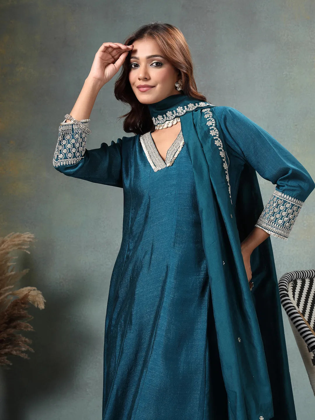 Teal Blue Zari Work Yoke Or Border Anarkali Silk Blend Kurta Trouser Dupatta Set