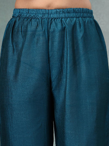 Teal Blue Zari Work Yoke Or Border Anarkali Silk Blend Kurta Trouser Dupatta Set