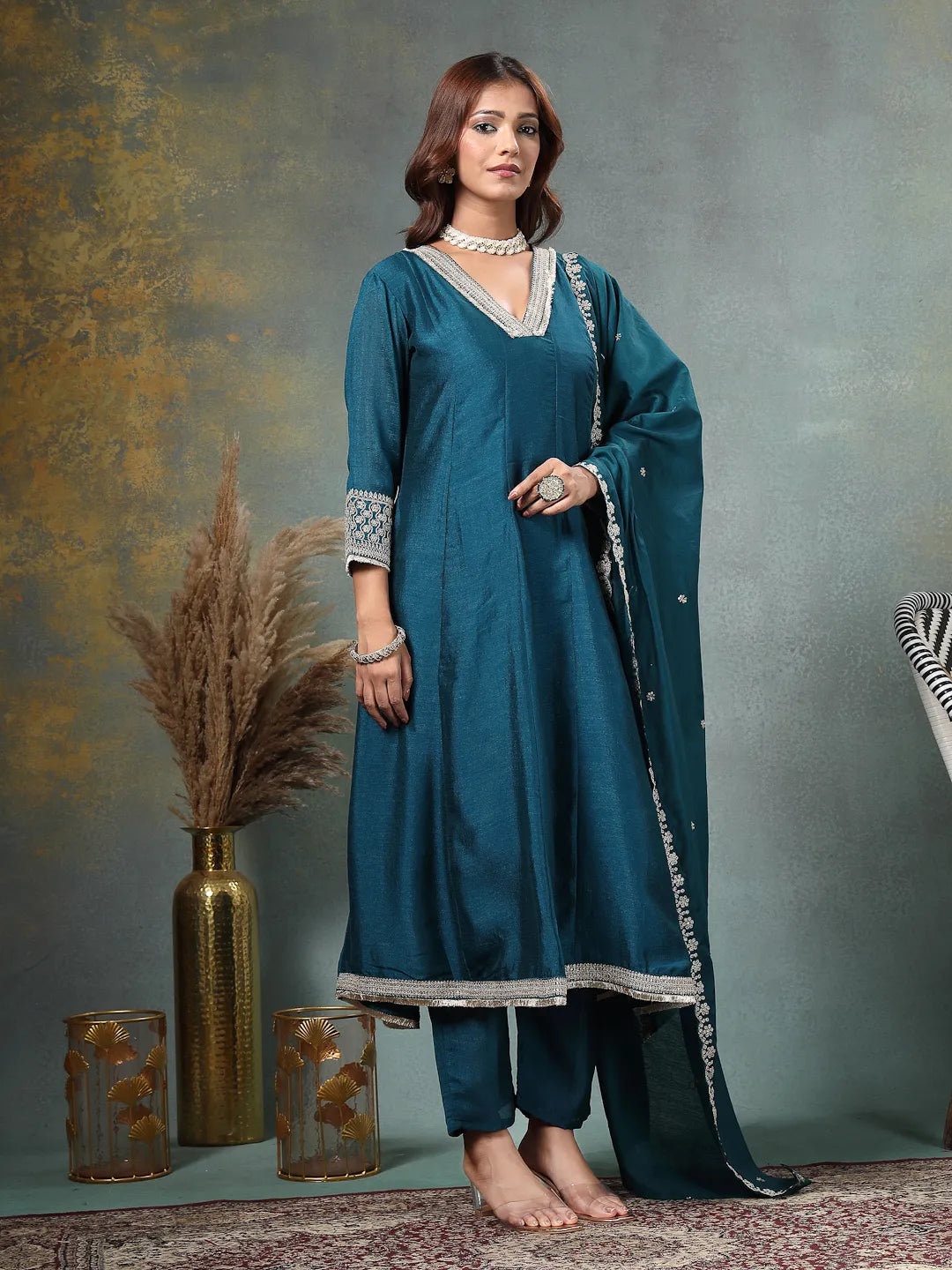 Teal Blue Zari Work Yoke Or Border Anarkali Silk Blend Kurta Trouser Dupatta Set