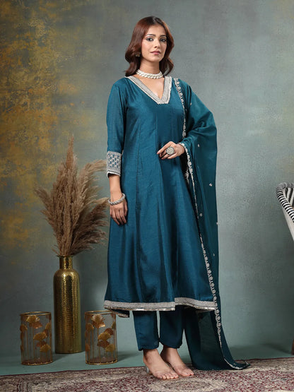 Teal Blue Zari Work Yoke Or Border Anarkali Silk Blend Kurta Trouser Dupatta Set