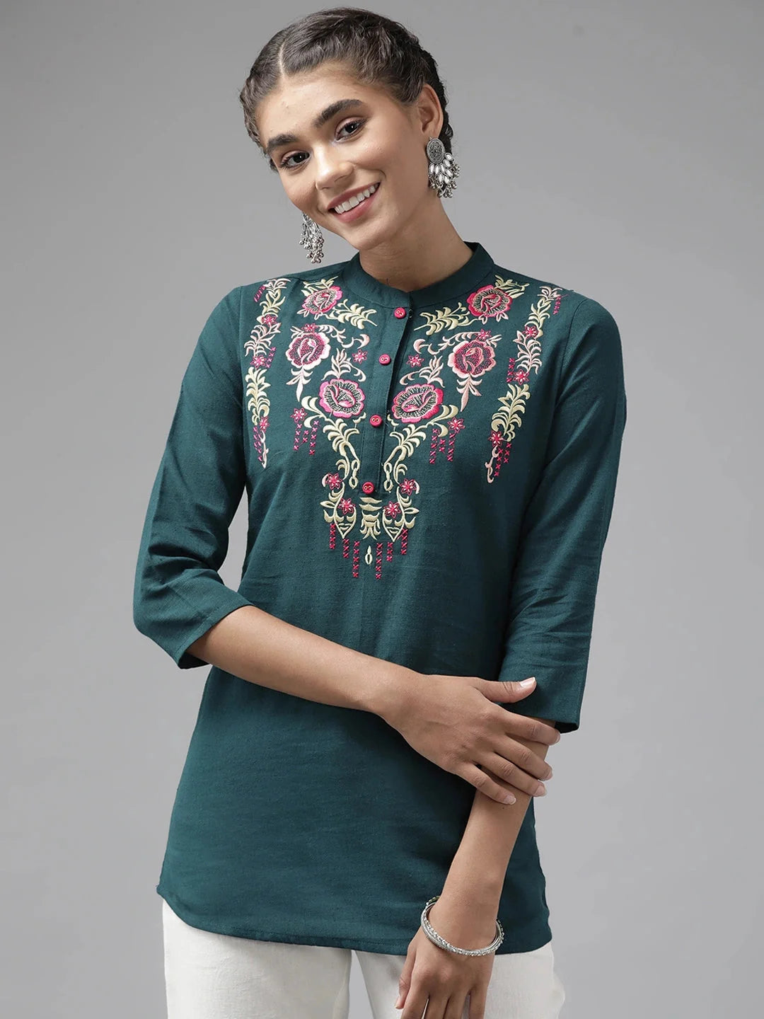 Teal Floral Embroidered  Top