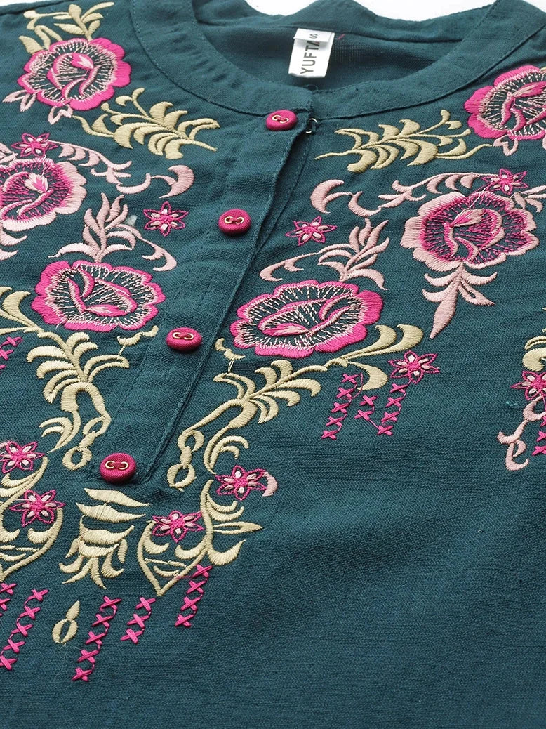 Teal Floral Embroidered  Top