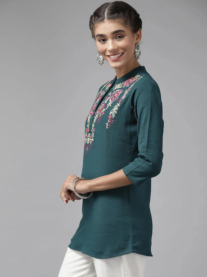 Teal Floral Embroidered  Top