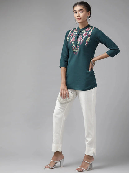 Teal Floral Embroidered  Top