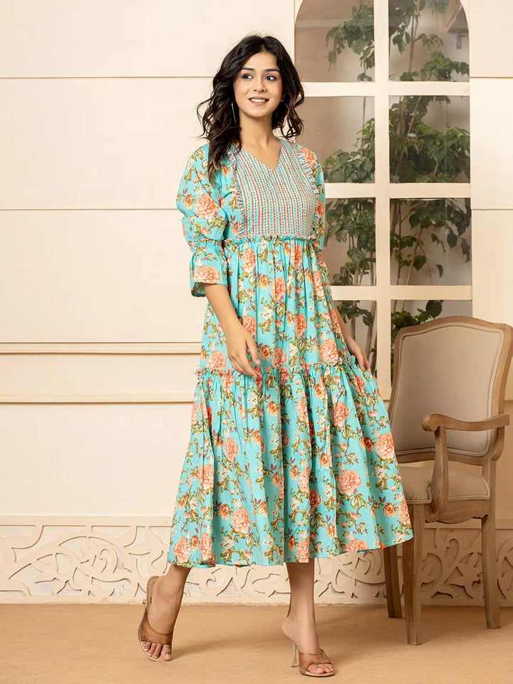 Teal Green Cotton Floral Print Tiered Dress With Ruffles