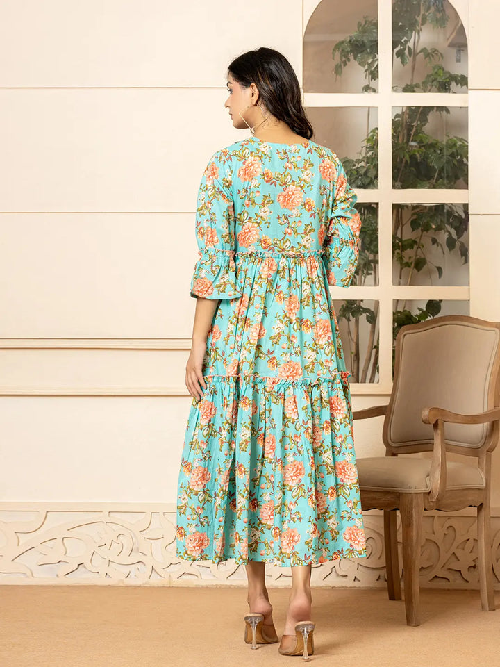 Teal Green Cotton Floral Print Tiered Dress With Ruffles