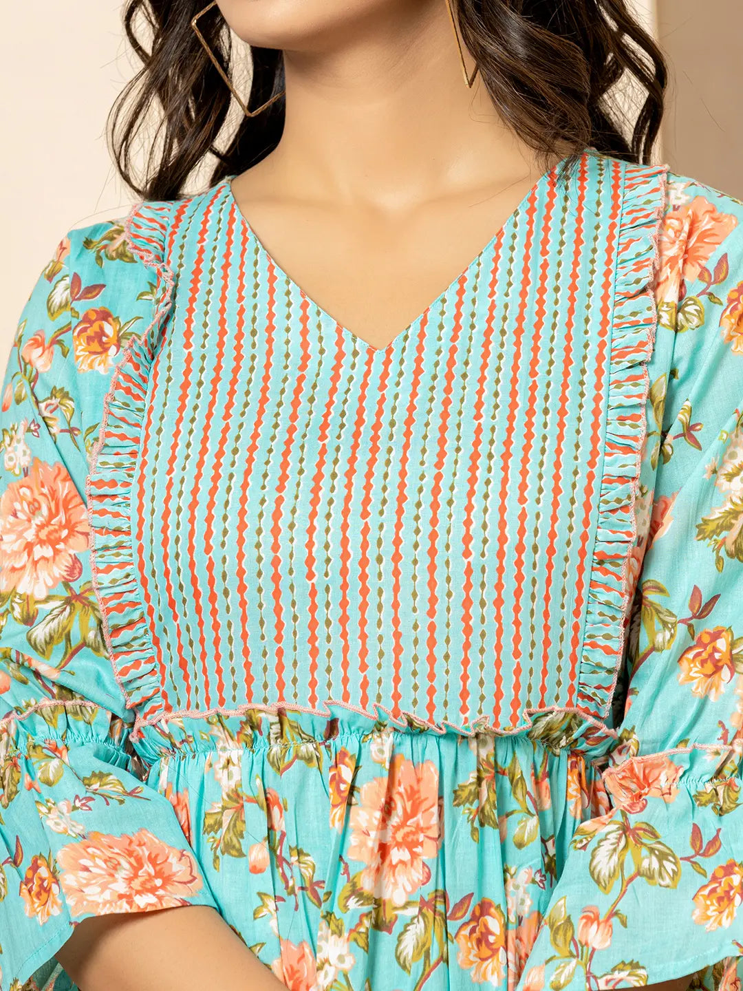 Teal Green Cotton Floral Print Tiered Dress With Ruffles