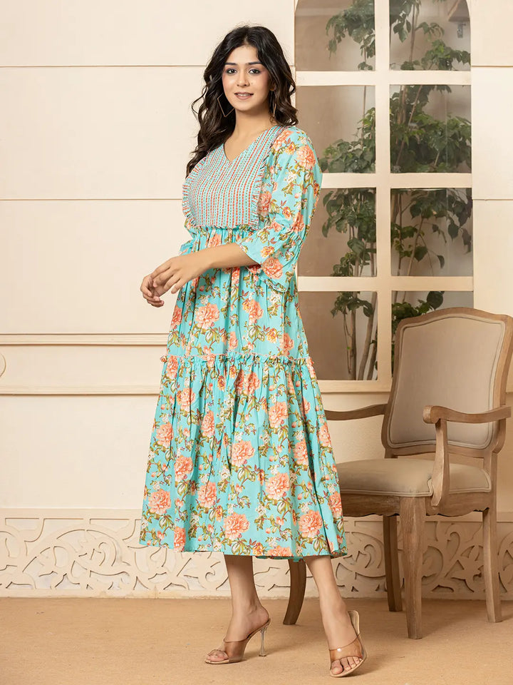 Teal Green Cotton Floral Print Tiered Dress With Ruffles