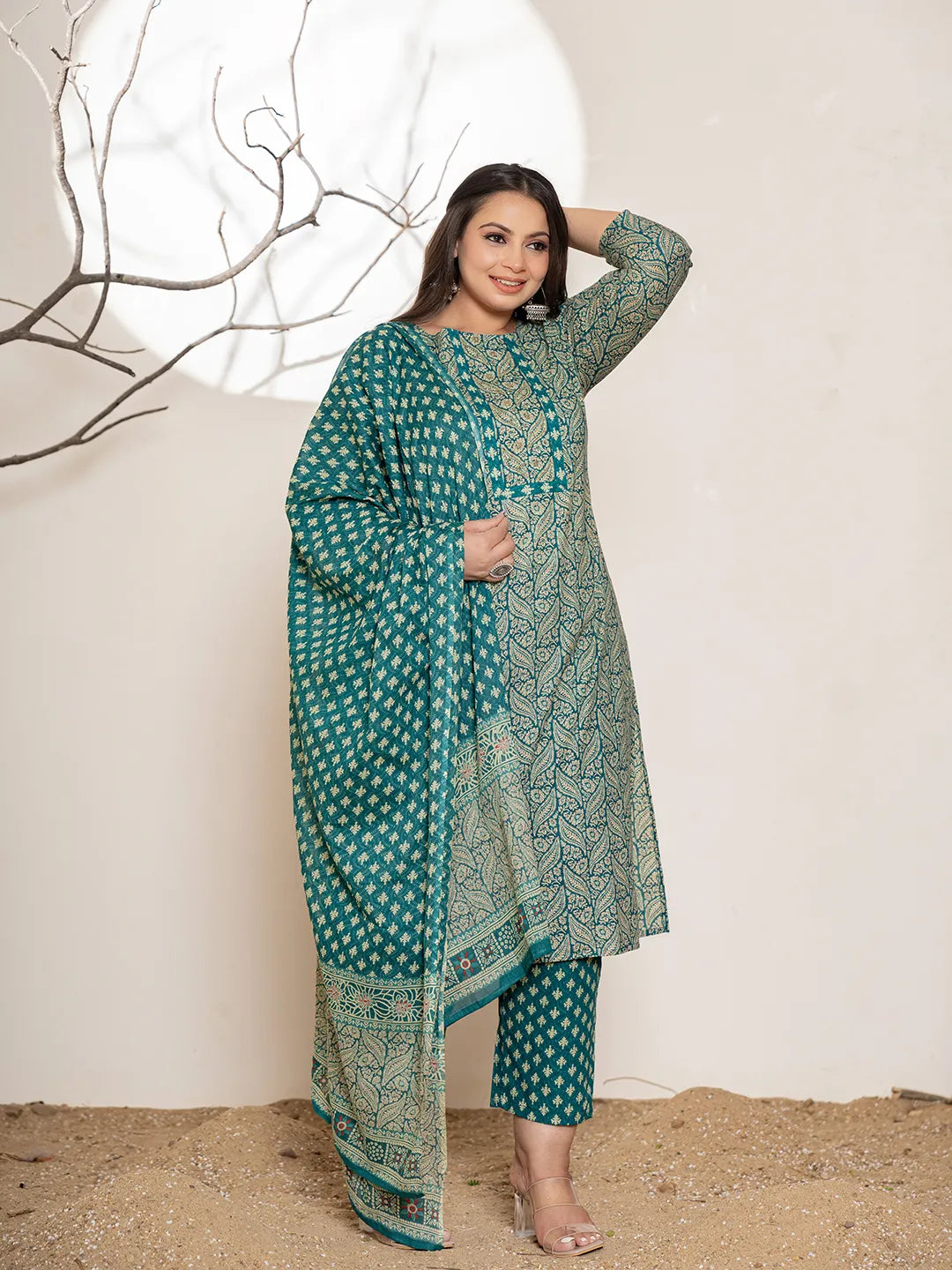Teal Green Embroidered Cotton Plus Size Suit Set